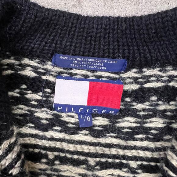 Vintage Tommy Hilfiger Fair Isle Winter Snowflake Holiday Sweater Black White L - Picture 2 of 10